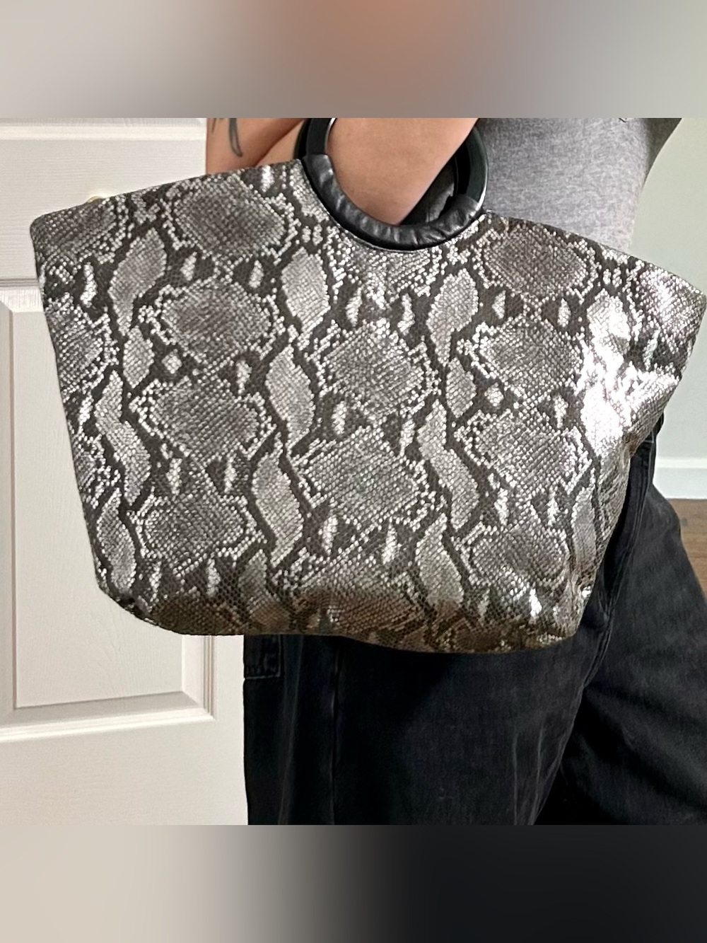 Genuine Leather *VINTAGE GEM* Snakeskin Print Metallic Tote Purse
